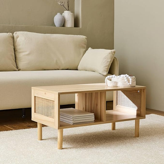 Table basse en bois et rotin
