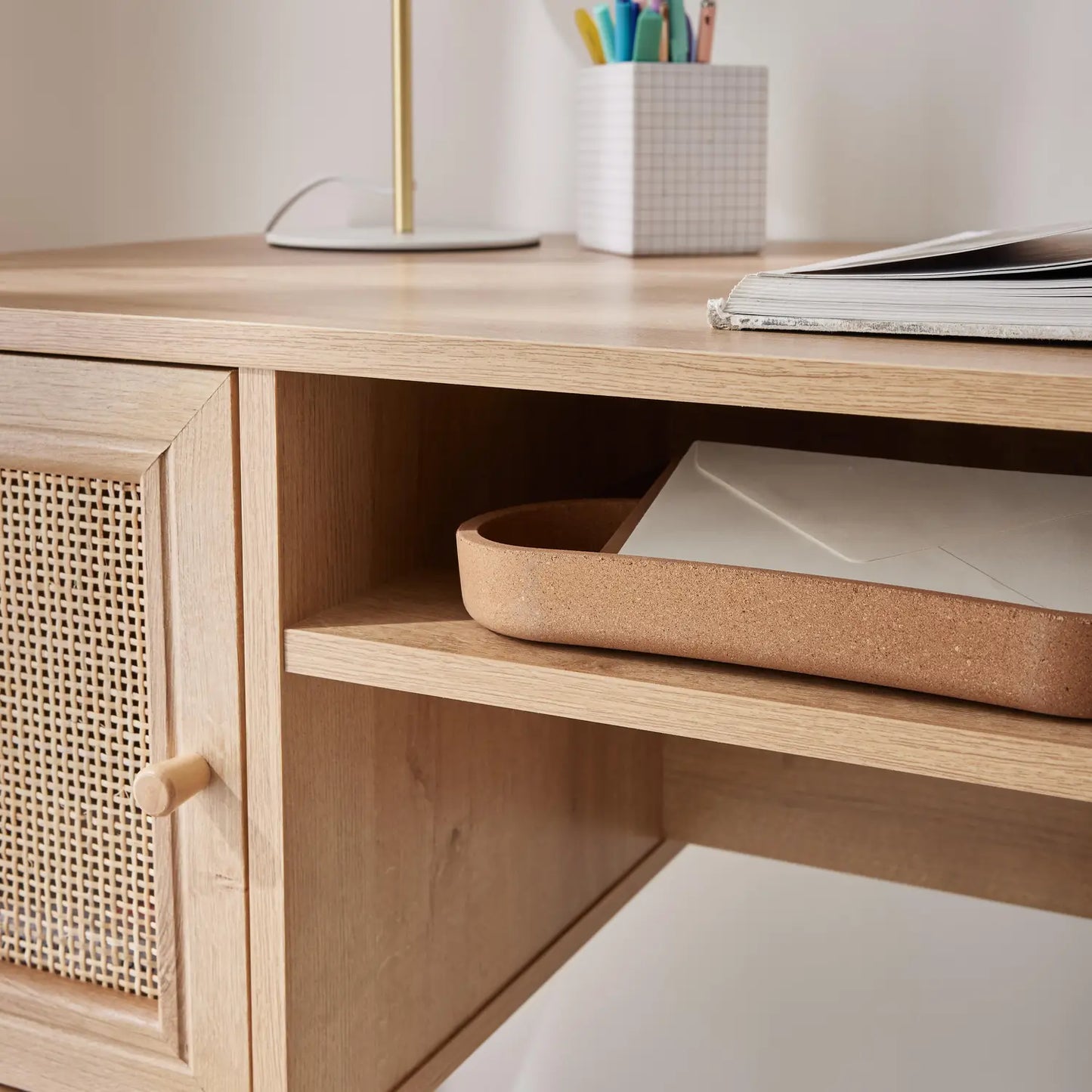 Bureau en Bois avec Portes en Rotin